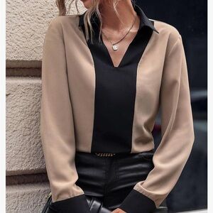 Chic Taupe & Black Color Block Long Sleeves Large Blouse